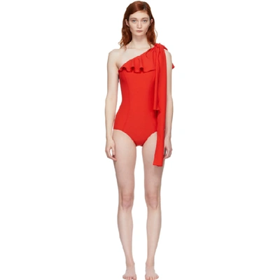 Lisa Marie Fernandez Arden Ruffled One-shoulder Stretch-crepe Swimsuit In Red