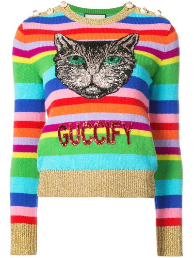 Gucci 猫咪装饰条纹圆领毛衣 In Multicolour