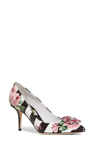 Dolce & Gabbana Crystal-embellished Printed Patent-leather Pumps In Pink