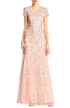 ADRIANNA PAPELL SHORT SLEEVE SEQUIN MESH GOWN,091874600