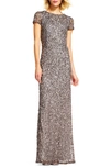 Adrianna Papell Short Sleeve Sequin Mesh Gown In Lead