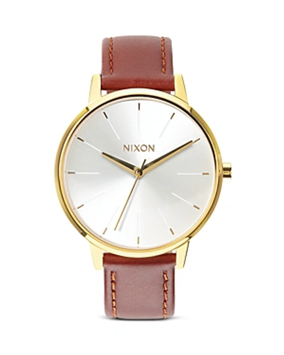 Nixon 'the Kensington' Leather Strap Watch, 37mm In Gold/saddle