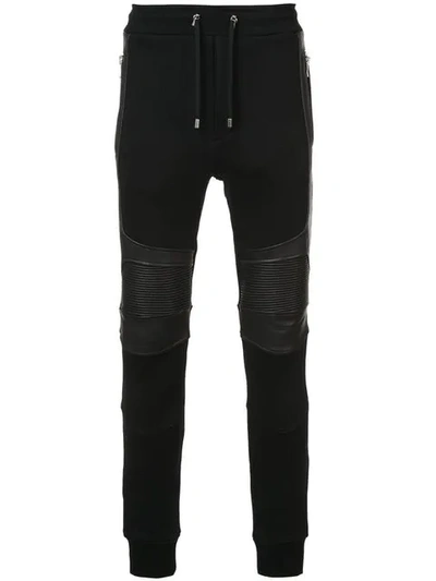 Balmain Leather-panelled Cotton-jersey Track Trousers In Black