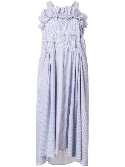 Carven Striped Cotton Ruched Dress In Blanc/bleu Nuit