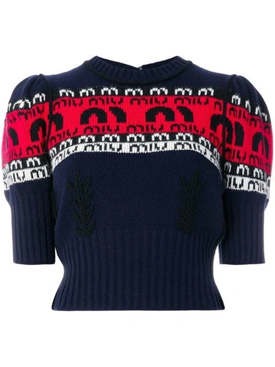 Miu Miu Logo Intarsia Cropped Wool Sweater In Blue