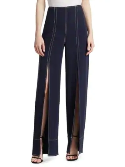 Cinq À Sept Magdalena Wide-leg Slit-front Pants With Topstitching In Navy Ivory