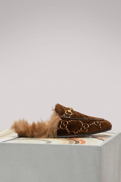 Gucci Princetown Horsebit-detailed Shearling-lined Logo-jacquard Slippers In Brown