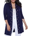 Belldini Plus Size Grommet-trim Duster Cardigan In Navy/gold Combo