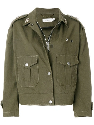 Coach Embellished Cotton Field Jacket In Military Green