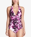 CALVIN KLEIN PRINTED SIDE-PLEATED HALTER ONE-PIECE SWIMSUIT, CREATED FOR MACY'S STYLE WOMEN'S SWIMSUIT
