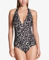 CALVIN KLEIN JAGUAR PRINT SIDE-PLEATED HALTER ONE-PIECE SWIMSUIT, CREATED FOR MACY'S STYLE WOMEN'S SWIMSUIT