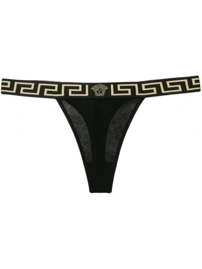 Versace Grecca Waistband Thong In Black