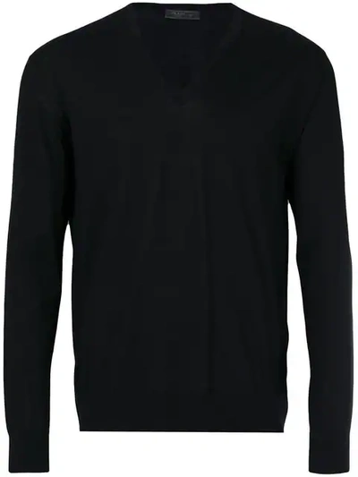 Prada Virgin Wool V Neck Sweater In Black
