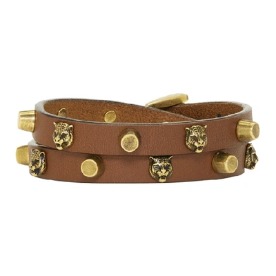 Gucci Studded Leather Wrap Bracelet In 8065 Brown