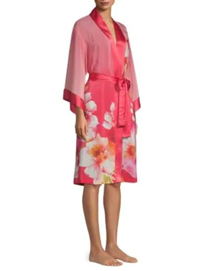 Natori Paradis Floral-print Silk Short Robe In Pink