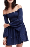 Free People Counting Daisies Embroidered Off The Shoulder Dress In Blue Combo