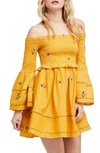 FREE PEOPLE COUNTING DAISIES EMBROIDERED OFF THE SHOULDER DRESS,OB749557