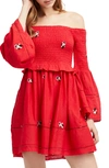 Free People Counting Daisies Embroidered Off-the-shoulder Mini Dress In Red Combo