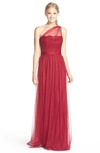 Amsale One-shoulder Lace & Tulle Gown In Crimson