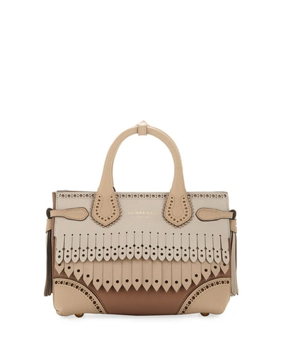 Burberry Banner Small Broguing Fringe Tote Bag In Beige