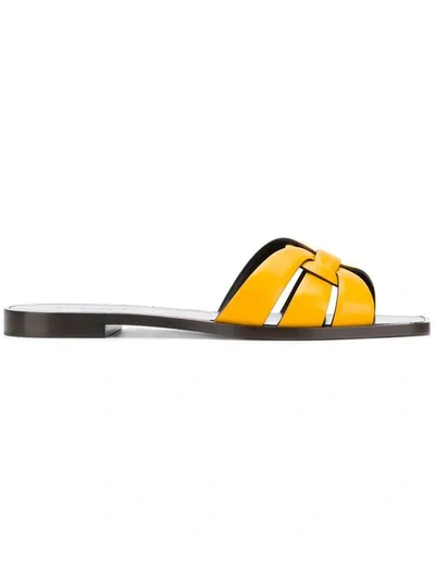 Saint Laurent Tribute Flat Leather Slide Sandals In Yellow