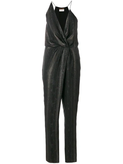 Saint Laurent Sleeveless Plunging Twist-front Straight-leg Metallic Silk Jumpsuit In Black