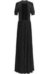 VIONNET WOMAN METALLIC CHIFFON RUFFLE-PANELED STRETCH-KNIT SILK GOWN BLACK,US 7789028785184932