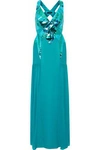 VERSACE WOMAN METALLIC LEATHER AND PINTUCKED CHIFFON-PANELED CUTOUT SILK-BLEND GOWN TEAL,US 7789028782549308