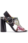 3.1 PHILLIP LIM / フィリップ リム WOMAN LEATHER-TRIMMED STUDDED PRINTED TWILL AND CREPE SANDALS BLACK,US 7789028783609026