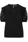 DOLCE & GABBANA RUFFLED GEORGETTE-TRIMMED LACE AND WOOL-BLEND TOP
