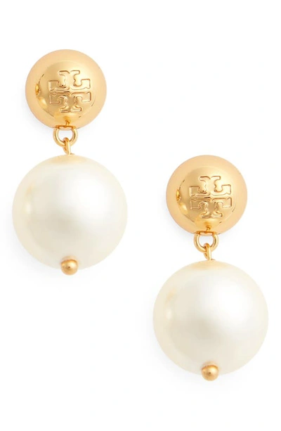Tory Burch Ivory Crystal Pearl And Tory Gold Brass Drop Earrings