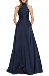 ml Monique Lhuillier Charmeuse Mock Neck Ballgown In Navy