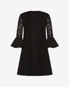 Valentino Jewel-neck 3/4 Flutter Cuff Crepe Couture Dress In Black