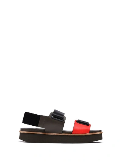 Vic Matie Sandal With Red And Military Green Velcro In Nero Cuoio Militare