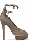 CHARLOTTE OLYMPIA WOMAN LACE-UP SCALLOPED SUEDE PLATFORM SANDALS TAUPE,US 7789028783959701