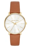 Michael Kors Women's Pyper Luggage Leather Strap Watch 38mm In Gold