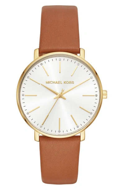 Michael Kors Women's Pyper Luggage Leather Strap Watch 38mm In Gold