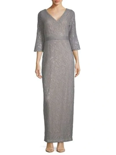 Calvin Klein Sequined Lace Bell-sleeve Gown In Tin
