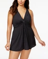 Miraclesuit Plus Size Pin Point Marais Knot Front Swimdress In Black In Black/white