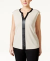 CALVIN KLEIN PLUS SIZE FAUX LEATHER-TRIM CAP-SLEEVE TOP