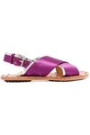 MARNI STUDDED MIRRORED LEATHER-TRIMMED SATIN SLINGBACK SANDALS