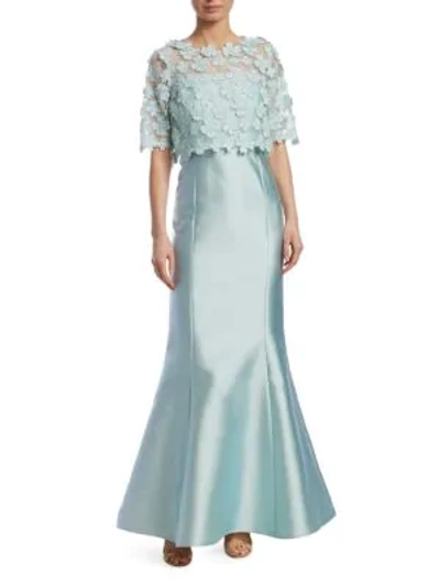 Teri Jon By Rickie Freeman Floral Popover Gown In Aqua