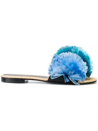 Avec Modération Bora Bora Raffia Pompom Slide Sandals, Blue