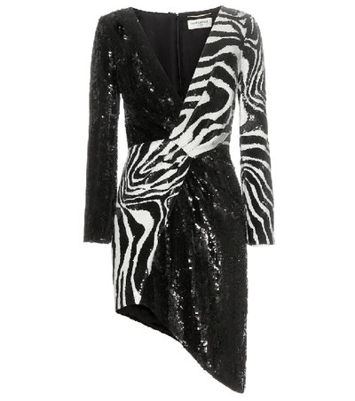 Saint Laurent Asymmetric Zebra-print Sequined Wool Mini Dress In Black