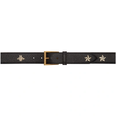 Gucci Bee & Star Print Leather Belt In Black