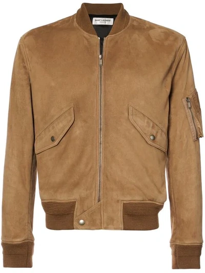 Saint Laurent Zipped Bomber Jacket In Brown