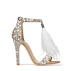 JIMMY CHOO VIOLA 110 White Suede and Hot Fix Crystal Embellished Sandals with an Ostrich Feather Tassel,VIOLA110SXF