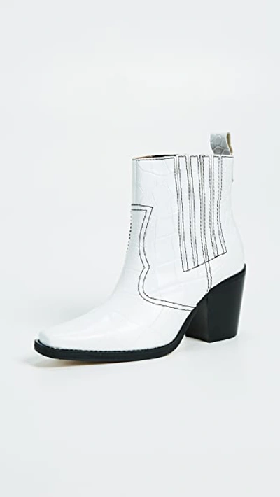 Ganni Callie Croc-effect Leather Ankle Boots In White