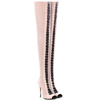 Balmain Campbel Leather-trimmed Suede Thigh Boots In Baby Pink