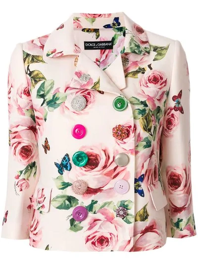 Dolce & Gabbana Double Breasted Rose Print Blazer In Pink